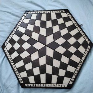 3 Player Chess Set, All Peices Accounted For (white, brown, pink wood peices)